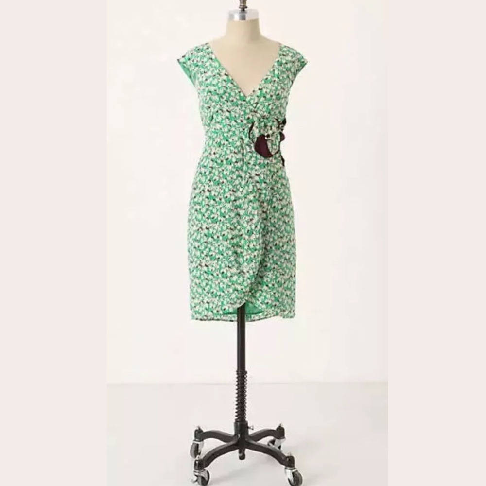 Anthropologie MOULINETTE SOEURS Undercurrent Dress Green Silk Brown Ivory detail